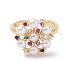 Anello aperto a fiore di zirconi colorati con perle acriliche in rilievo&nbsp;RJEW-P032-18G
