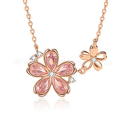 925 Sterling Silber Pavé-Halskette mit doppeltem Sakura-Blütenanhänger aus rosa Zirkonia an einer Kabelkette für Damen&nbsp;FS-WGCE9CB-01