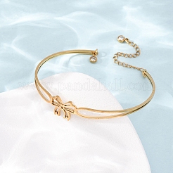 Bracciali rigidi da donna in acciaio inossidabile 304 con fiocco e strass.&nbsp;BJEW-Z176-02G