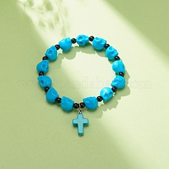 Bracelet extensible en perles de crâne de jade mashan naturel avec breloque croisée en turquoise synthétique (teinte)&nbsp;BJEW-JB08378-04