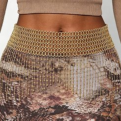 Jupe de plage estivale en maille plastique à franges et chaînes de corps pour bikini sexy&nbsp;WG0979A-01