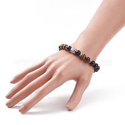 Occhio di tigre naturale e braccialetto elasticizzato con perline rotonde in legno con testa di buddha in lega&nbsp;BJEW-JB08402