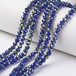 Chapelets de perles en verre opaque électrolytique, moitié vert plaqué, facette, rondelle, bleu moyen, 4x3mm, Trou: 0.4mm, Environ 130 pcs/chapelet, 16.54 pouce (42 cm)