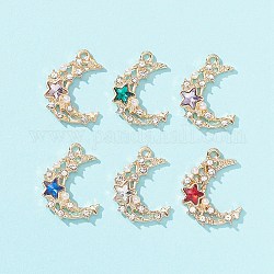 6 pièces pendentifs en strass acrylique 6 couleurs, avec des perles d'imitation en alliage et en plastique, lune avec étoile, or, couleur mixte, 20x15x3mm, Trou: 1.5mm, 1 pc / couleur