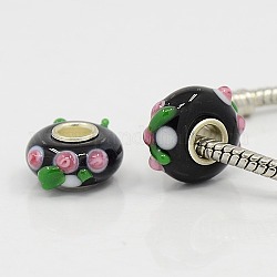 Handmade Bumpy Lampwork European Beads Fit Charm Bracelets, with Single Silver Color Cupronickel Core, Rondelle, Black, Size: about 15mm in diameter, 8mm thick, hole: 4.5mm