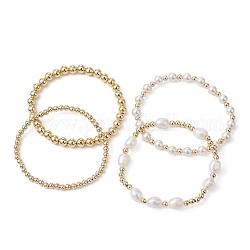 4 Uds. Conjunto de pulseras elásticas con cuentas de latón y perlas naturales de 4 estilos para mujer, dorado, diámetro interior: 2-3/8 pulgada (6.05 cm), 1pc / estilo