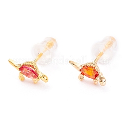 Cute Light Gold Plated Brass Stud Earrings, with Cubic Zirconia and Ear Nuts, Dinosaur, Orange Red, 5x10mm, Pin: 0.7mm