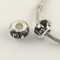 Perline europee in resina con motivo floreale a foro largo, con colore argento placcato ottone doppie core, rondelle, nero, 14x9mm, Foro: 5 mm