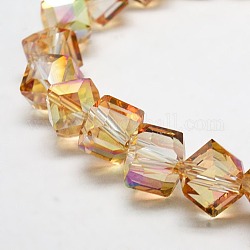 Perle di cubo di cristallo pieno arcobaleno placcato, sfaccettato, arancione scuro, 12.6x13.8x10~11mm, Foro: 1.8 mm