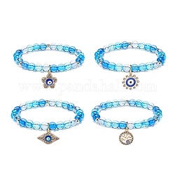 Set di braccialetti elasticizzati con perline rotonde in acrilico stile 4 pz, braccialetti impilabili per donna con ciondoli smaltati in lega di fiore, sole e malocchio, dodger blu, fascino: 4mm, diametro interno: 13~19x13.5~21 pollice (2-1/4 cm), 5.7pc / style
