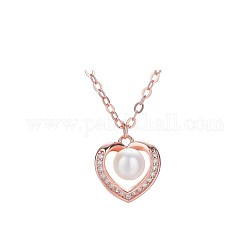 Herz mit runder Perlenanhängerhalskette für Mädchenfrauen, 925 Sterling Silber Micro Pave Zirkonia Halskette, Rauch weiss, Roségold