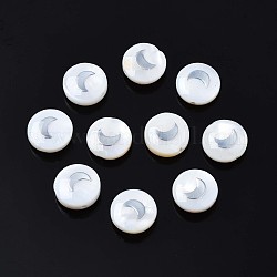 Shell perle naturali di acqua dolce, con decorazioni metalliche in ottone placcato platino, piatta e rotonda con la luna, platino, 8x4.5mm, Foro: 0.6 mm
