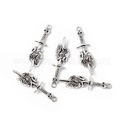 Tibetan Style Alloy Pendants, Skull Sword with Heart Charm, Antique Silver, 49x18.5x7mm, Hole: 2.2mm