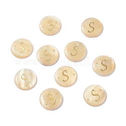 (Defective Closeout Sale: Yellowing), Freshwater Shell Links Connectors, with Golden Brass Findings, Flat Round with Letter, Letter.S, 20x3mm, Hole: 1.4mm