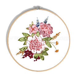 DIYの花と葉の模様の刺繍キット  プリントコットン生地を含む  刺繍糸と針  模造竹刺繍フープ  カラフル  30x30cm