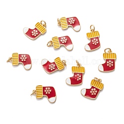 Echte 18 Karat vergoldete Messing Emaille Anhänger, mit Sprungring, für Weihnachten, Weihnachtsstrümpfe mit Schneeflocke, rot, 16x13x1.5 mm, Bohrung: 3.4 mm
