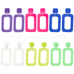 ANATTASOUL 6 Pairs 6 Style Hollow Out Rectangle Acrylic Dangle Stud Earrings, Iron Jewelry for Women, Mixed Color, 60~61.5mm, Pin: 0.6mm, 1 Pair/color