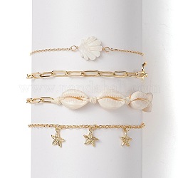 Ensemble de bracelets de cheville en perles de coquillage naturel 4 pièces 4 styles, bracelets de cheville à breloques étoile de mer en laiton avec chaînes de trombones pour femmes, or, 9-1/8 pouce (23~23.2 cm), 1pc / style