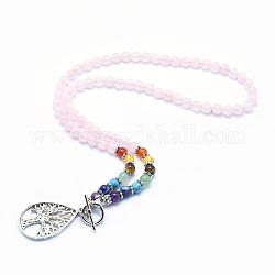 Colliers avec pendentif de style tibétain en alliage, avec des perles de quartz rose naturelles et des fermoirs à bascule, goutte d'eau avec arbre, 21.2 pouce (54 cm)