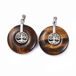 Natural Tiger Eye Pendants, with Platinum Tone Brass Findings, Donut/Pi Disc with Tree of Life, 35.5x30x8.5~9.5mm, Hole: 4.5x6.5mm