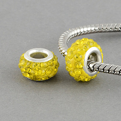 Polymer Ton Klasse A Strass Rondell European Beads, mit doppelt versilbertem Messingkern, Großloch perlen, Citrin, 12x7 mm, Bohrung: 5 mm