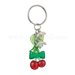 Porte-clés pendentif en acrylique fruits et feuilles, avec porte-clés en fer, cerise, 7.8 cm, pendentif: 23x13.5x12 mm