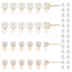 BENECREAT 80Pcs Brass Stud Earring Findings, with Horizontal Loops & Clear Cubic Zirconia, with 100pcs Plastic Ear Nuts, Real 18K Gold Plated, 6.5x4mm, Hole: 1mm, Pin: 0.5mm