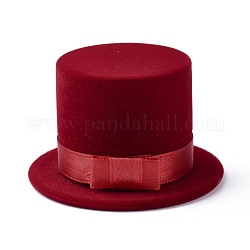 ベルベットのリングボックス  プラスチックとリボン付き  帽子  暗赤色  6.1x3.7cm