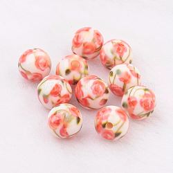 Rociar perlas de resina pintadas, con diseño de flores, redondo, coral, 10mm, agujero: 2 mm