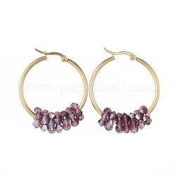 304 Stainless Steel Hoop Earrings, with Faceted Glass Beads, Golden, Purple, 12 Gauge, 42x33x2mm, Pin: 0.8x1.2mm