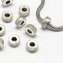 Perles en alliage de style tibétain, Perles avec un grand trou   , plat rond, argent antique, 10x4.5mm, Trou: 4mm