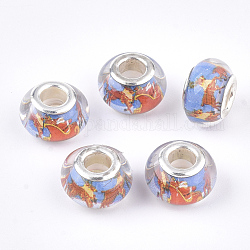Resin European Beads, Large Hole Beads, with Brass Cores, Christmas Style, Rondelle, Silver Color Plated, Cornflower Blue, 13.5~14x9~9.5mm, Hole: 5mm