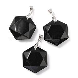 Faceted Natural Black Agate Pendants, with Platinum Tone Brass Findings, Hexagon, 28x25x9mm, Hole: 4x5mm