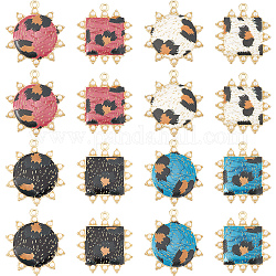 Nbeads 16Pcs 8 Style Rack Plating Printed Alloy Pendants, with Enamel and ABS Plastic Imitation Pearl, Cadmium Free & Nickel Free & Lead Free, Square & Sun with Leopard Print, Light Gold, Mixed Color, 33~36x29.531x3.5~4mm, Hole: 2mm, 2pcs/style