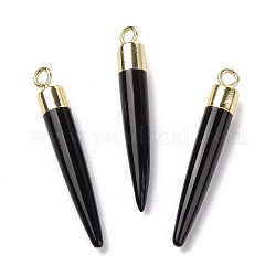 Natürliche schwarze Onyx-Messing-Anhänger, cadmiumfrei und bleifrei, gefärbt und erhitzt, kugelförmig, Licht Gold, 33~37x4~5 mm, Bohrung: 2 mm