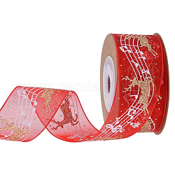 5M Christmas Theme Polyester Ribbons, Flat Ribbon with Hot Stamping Reindeer and Musical Note Pattern, Garment Accessories, Red, 1 inch(25mm), about 5.47 Yards(5m)/Roll