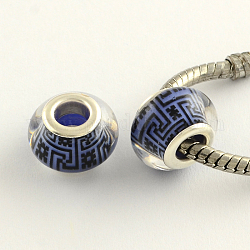 Large Hole Acrylic European Beads, with Platinum Tone Brass Double Cores, Rondelle, Midnight Blue, 14x9mm, Hole: 5mm