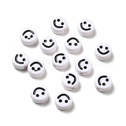 Opaque Acrylic Beads, Flat Round with Smiling Face Pattern, White, 10x5mm, Hole: 2mm, about 1450pcs/500g