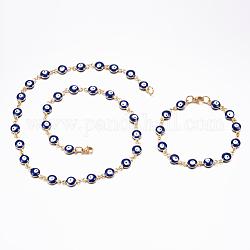 Conjuntos de joyería de 304 acero inoxidable, enlace pulseras y collares, con esmalte, mal de ojo, azul, 19.68 pulgada (50 cm), 7-7/8 pulgada (200 mm)