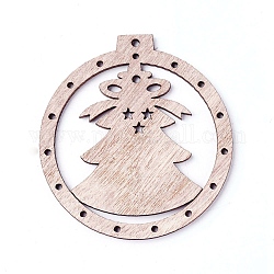 Gros pendentifs en bois non teint, Plat rond avec arbre de noel, burlywood, 68.5x64x2.5mm, Trou: 2.5mm