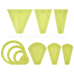 Set di righelli patchwork per cucire in acrilico, modello trapuntatura, trapezio e ventaglio, rotondo e anello, verde giallo, 49.5~131x49.5~130x2.5mm, 10 pc / set