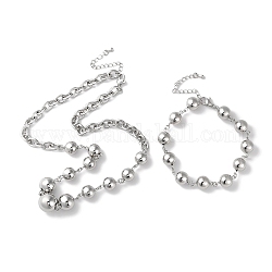 Colliers de perles gradués en laiton plaqué sur crémaillère et bracelets à chaîne à maillons ronds, ensemble de bijoux, sans plomb et sans cadmium, platine, colliers : 18-1/8 pouce (46 cm), bracelets : 8-1/8 pouce (20.5 cm)