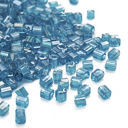 6/0 perline di vetro, lucentezza di colori trasparenti, foro quadrato, cubo, Blue Steel, 3~5x3~4x3~4mm, Foro: 1.2~1.4 mm, circa 1000pcs/100g