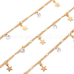 Handmade Brass Curb Chains, with Cubic Zirconia charms, Soldered, Spool, Star, Real 18K Gold Plated, 3.3x1.5x0.3mm and 2x1.4x0.3mm, about 16.4 Feet(5m)/roll