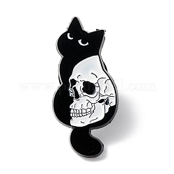 Totenkopf mit Katze Emaille-Pin, Halloween-Legierungsbrosche für Rucksackkleidung, Elektrophorese schwarz, weiß, 29.5x14x1.5 mm