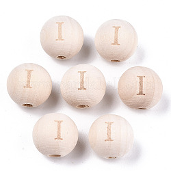 Perles européennes en bois naturel non fini, Perles avec un grand trou   , motif gravé au laser, ronde avec le mot, letter.i, 15~16x14~15mm, Trou: 4mm