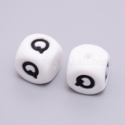 Perle di silicone, cubo con letter.q, bianco, 12x12x12mm, Foro: 2 mm