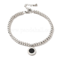304 bracelet à breloques rondes plates en acier inoxydable avec chiffres romains et émail, 201 bracelet perles rondes acier inoxydable pour femme, couleur inoxydable, 8-7/8 pouce (22.6 cm)