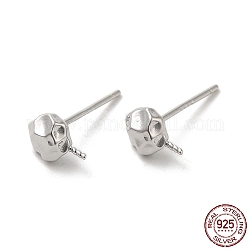 Rhodium Plated 925 Sterling Silver Ear Stud Findings, for Half Drilled Beads, with S925 Stamp, Real Platinum Plated, 7.5x5mm, Pin: 0.9mm and 11x0.9mm