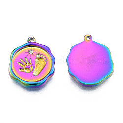 304 Stainless Steel Pendants, with Crystal Rhinestone, Nuggets with Fingerprint & Footprints, Rainbow Color, 19.5x15.5x2.5mm, Hole: 1.4mm